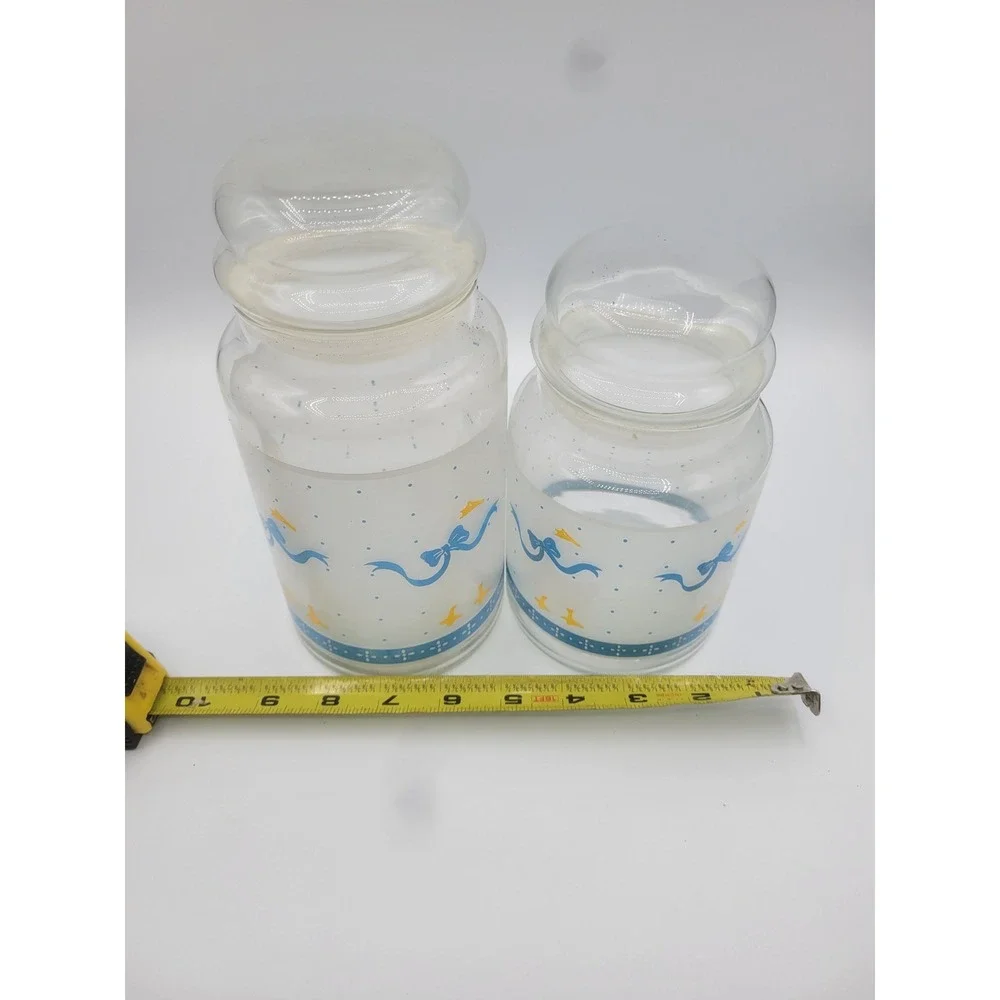 Vintage Country Goose Glass Canister Set Blue Ribbon Farmhouse Kitchen Jars 2pc